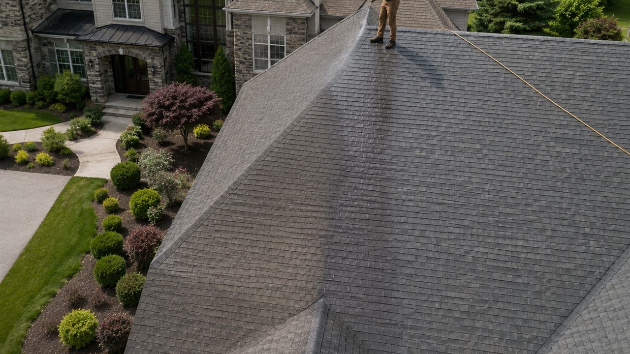 Aerial view of a stone home with a restored asphalt shingle roof in the Pennsylvania countryside