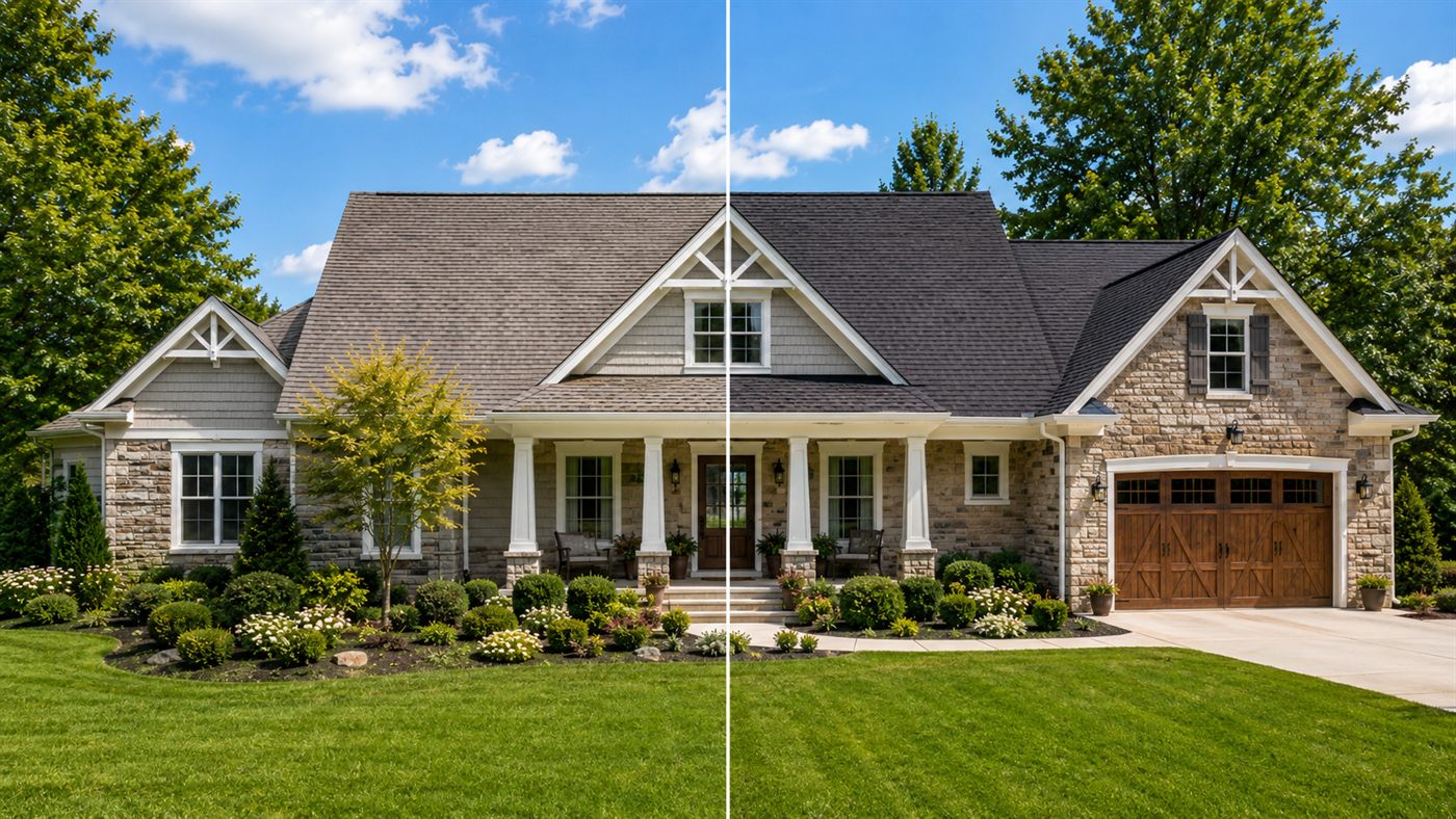 Before and after of an asphalt shingle roof — dull, aging shingles on the left; deep, restored color on the right after bio-based rejuvenation