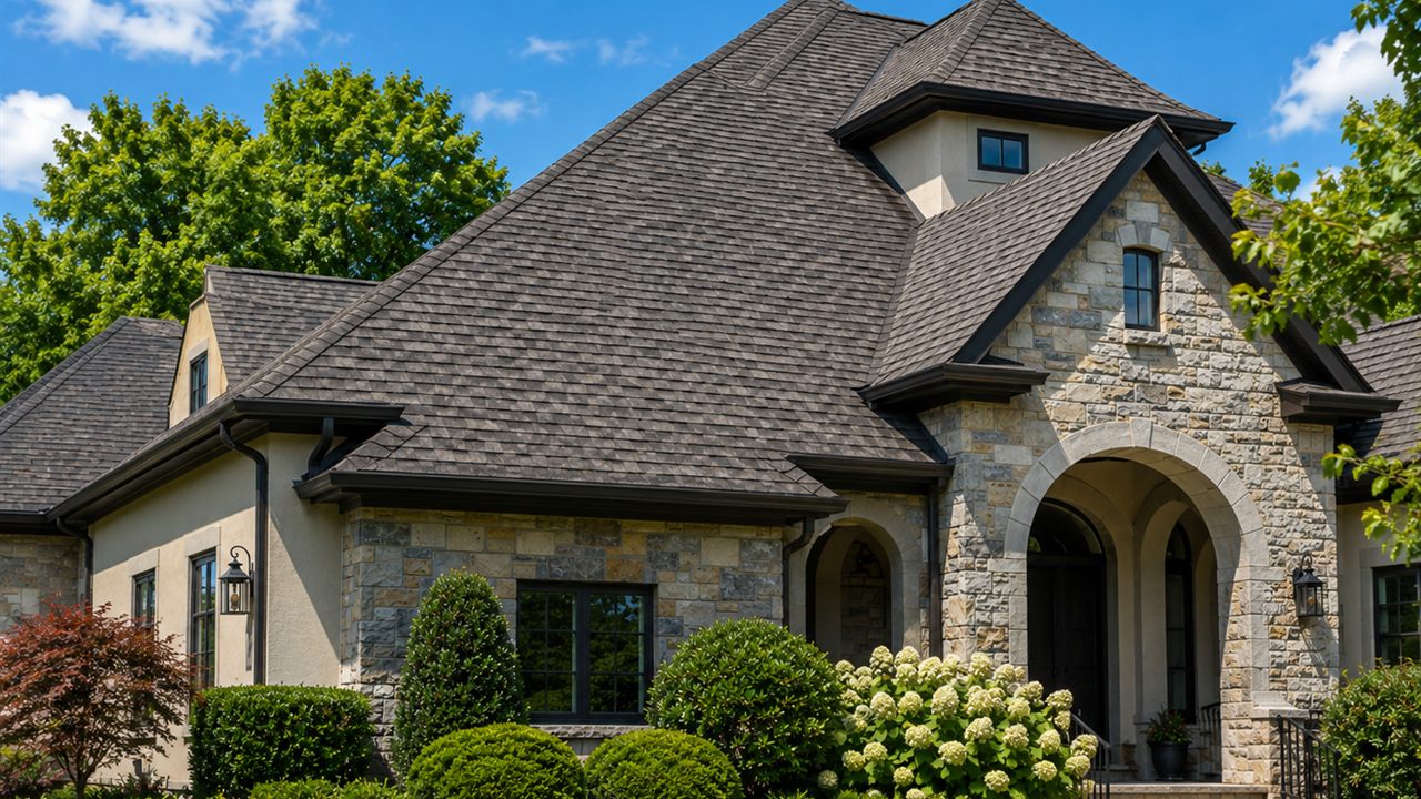 A stone craftsman home with a rich, restored asphalt shingle roof