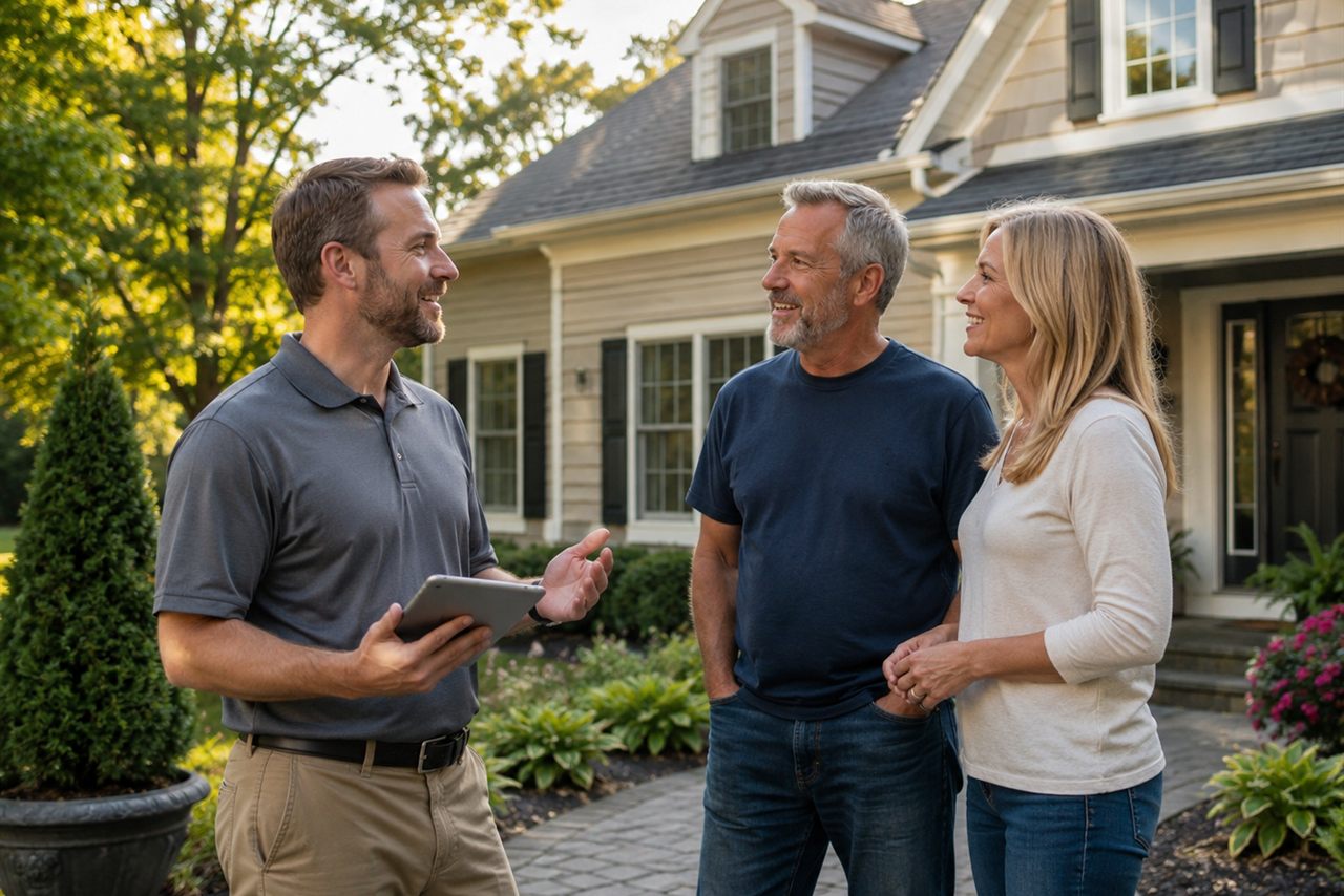 A Roof Rejuvenate Lancaster specialist walking local homeowners through their free roof inspection