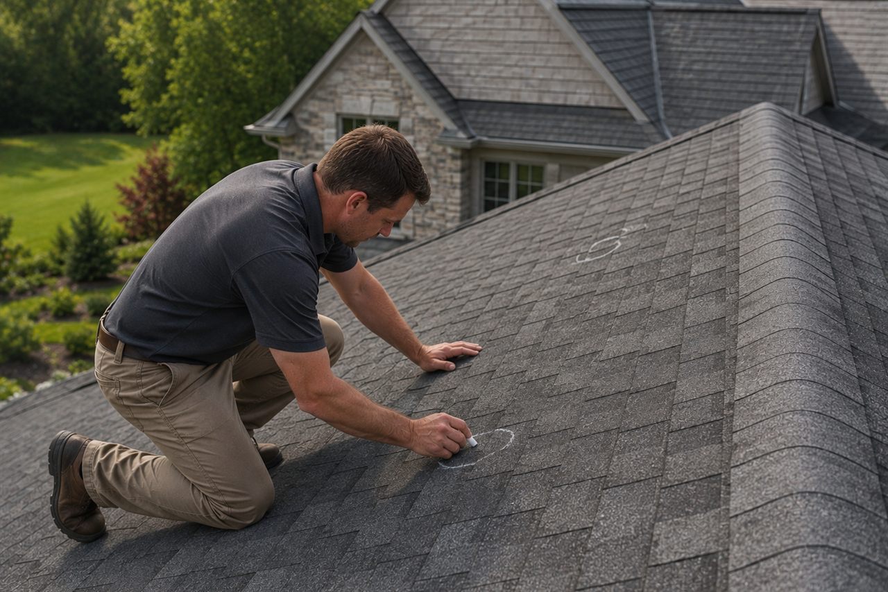 A Roof Rejuvenate Lancaster technician inspecting and marking aging asphalt shingles during a free roof inspection