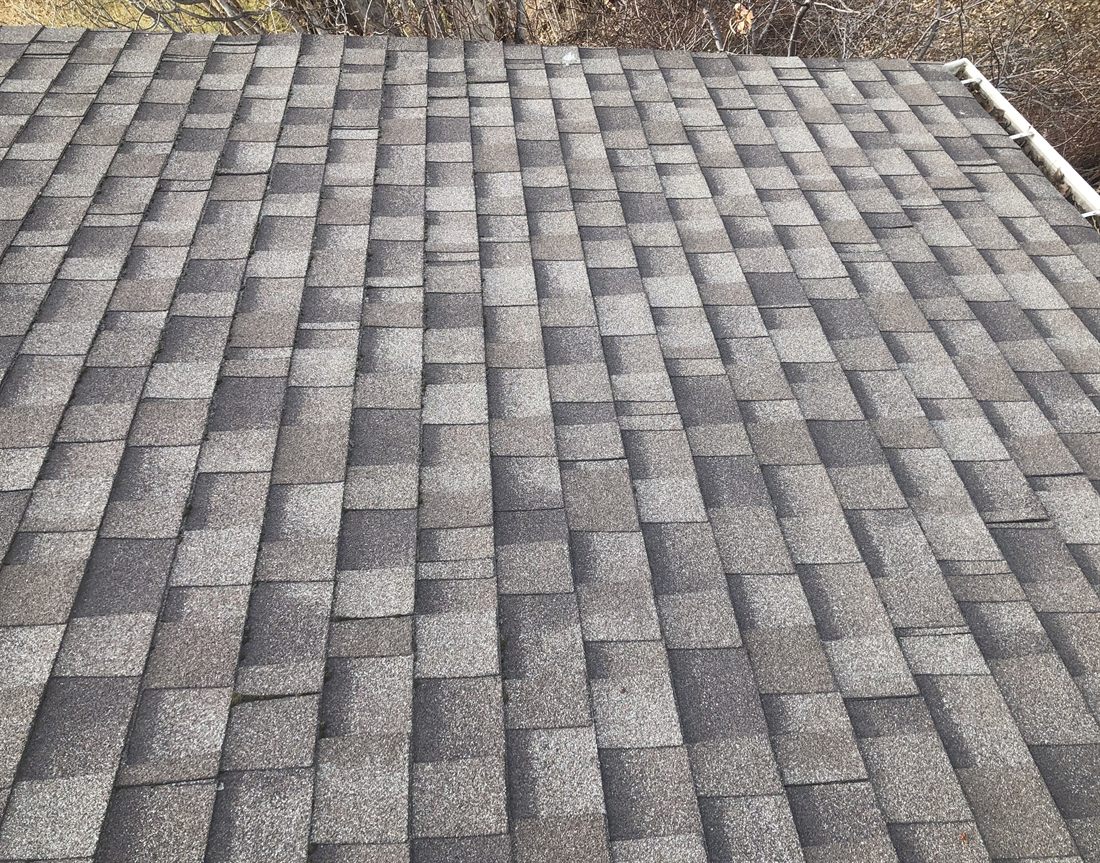 Close-up of aging asphalt shingles losing their protective granules
