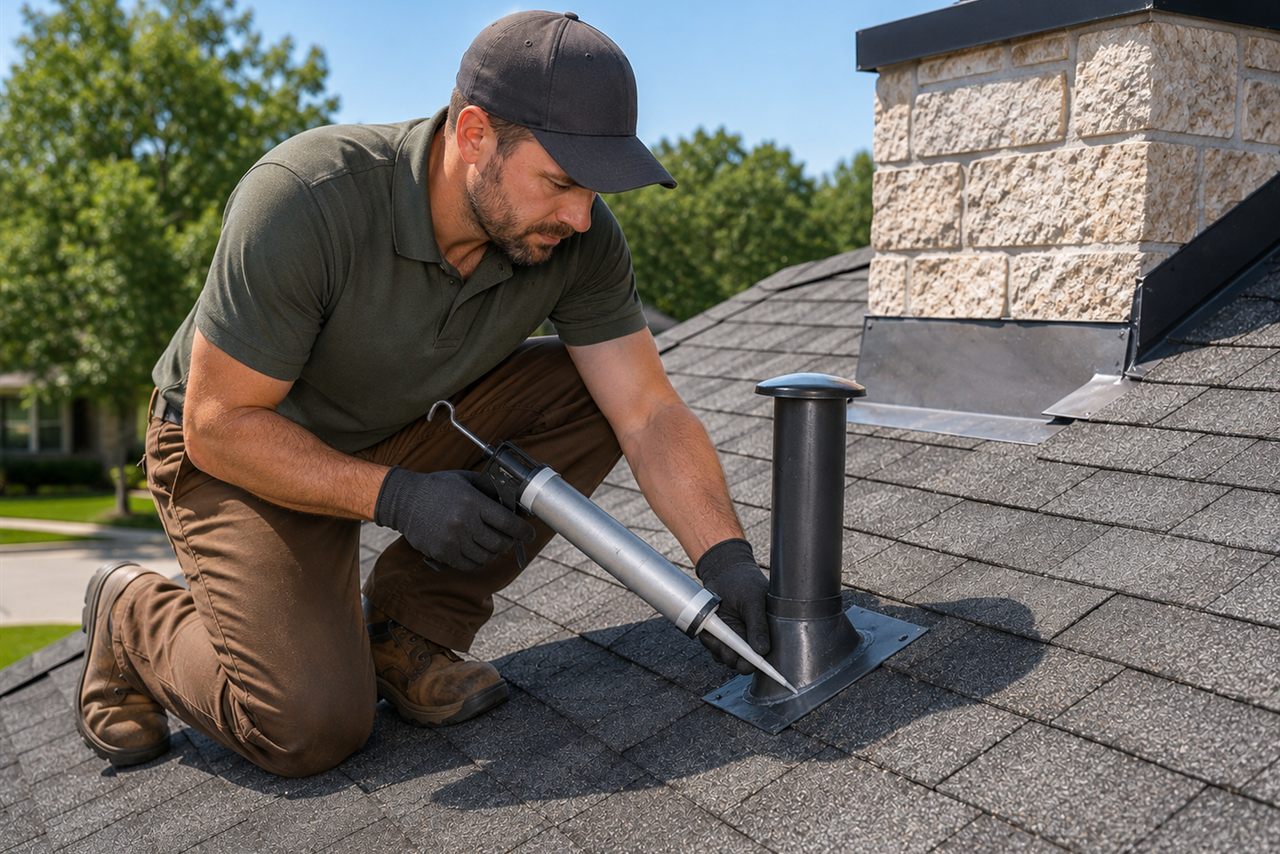 A Roof Rejuvenate Lancaster technician sealing roof flashing during a minor pre-treatment tune-up